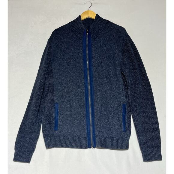 Daniel Hecter Cardigan Sweater Mens XL Blue Heathered Zip Up Mock Collar Pockets - Picture 1 of 13